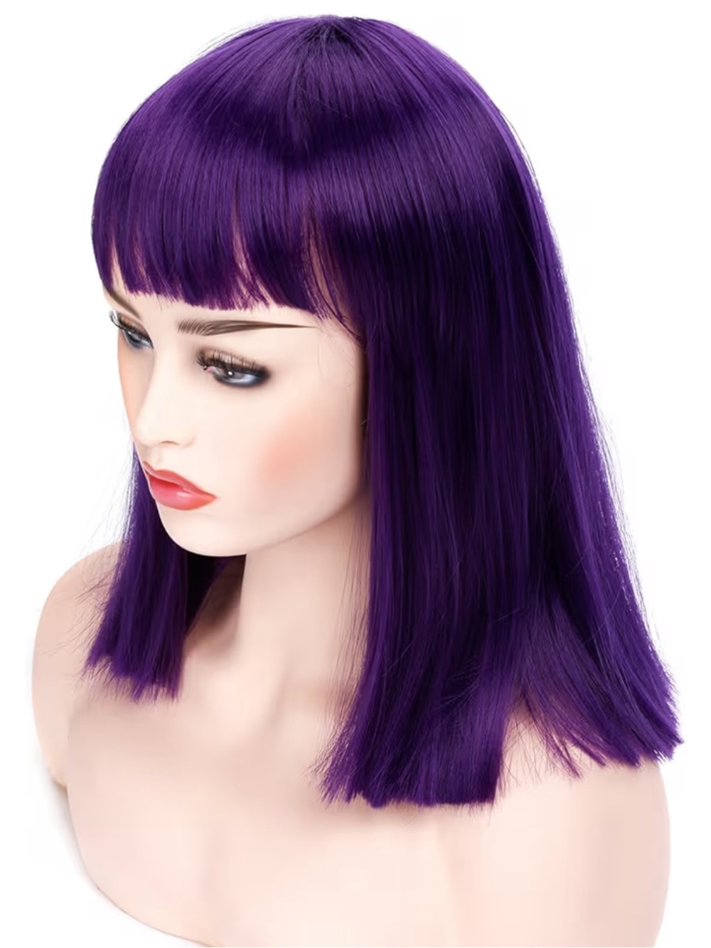 Short Straight Purple Wig with Blunt Bangs for Women — Synthetic
